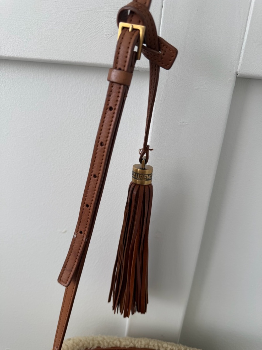 Yves Saint Laurent Beige Shearling Crossbody with Brown Leather Strap - Picture 4 of 4